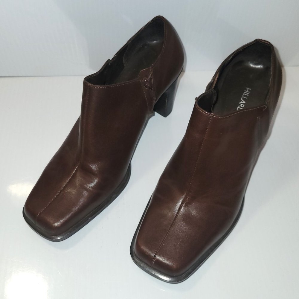 Hillard and Hanson Chocolate Leather Square Toe Ankle Booties Side Zip Size 7.5